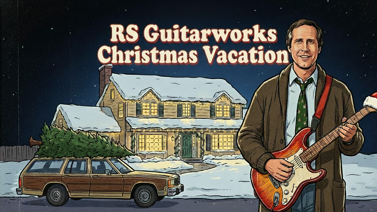Man holding a guitar with a Christmas tree, car, and house in the background, labeled 'RS Guitarworks Christmas Vacation'.